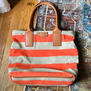 Kate Spade Jubilee Striped Bon Shopper Canvas Tote Purse Bag Orange Tan Khaki